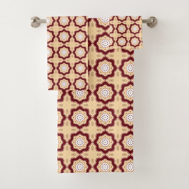 Red blue and beige geometric pattern  bath towel set (Insitu)