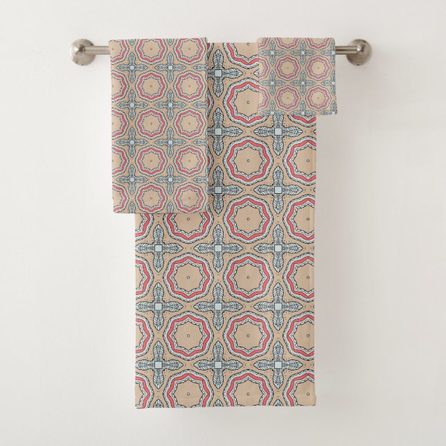 Red blue and cream colourful patterned  bath towel set (Insitu)