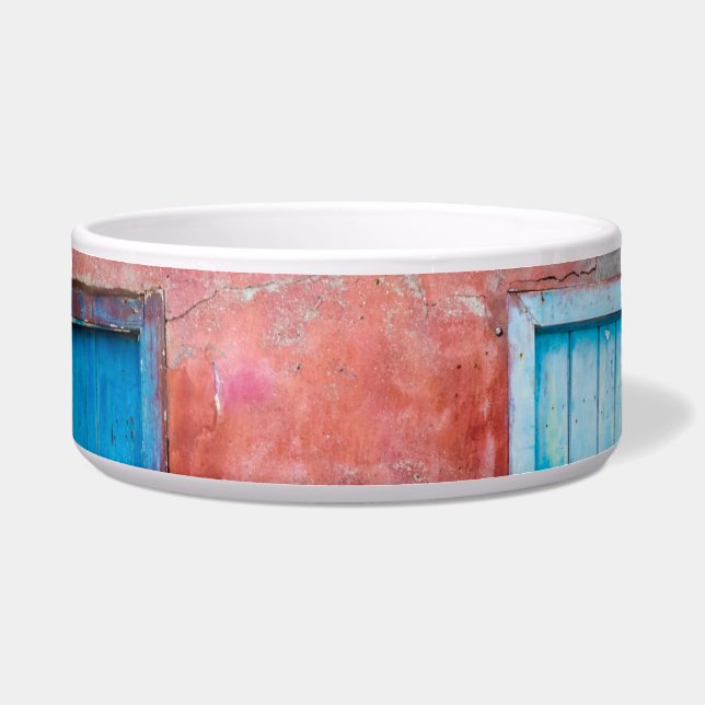 Red, blue and grey wall, door and window (Front)