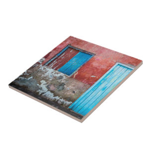 Red, blue and grey wall, door and window ceramic tile
