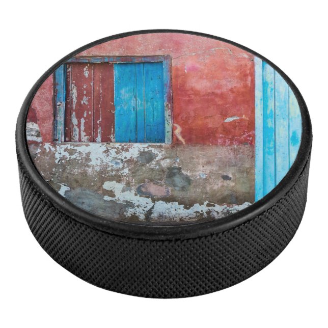 Red, blue and grey wall, door and window hockey puck (3/4)