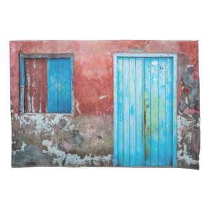 Red, blue and grey wall, door and window pillowcase
