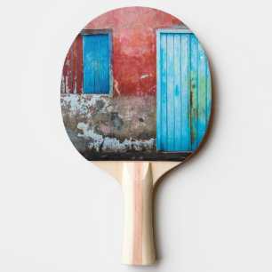 Red, blue and grey wall, door and window ping pong paddle