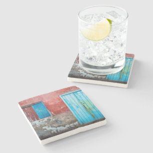 Red, blue and grey wall, door and window stone coaster