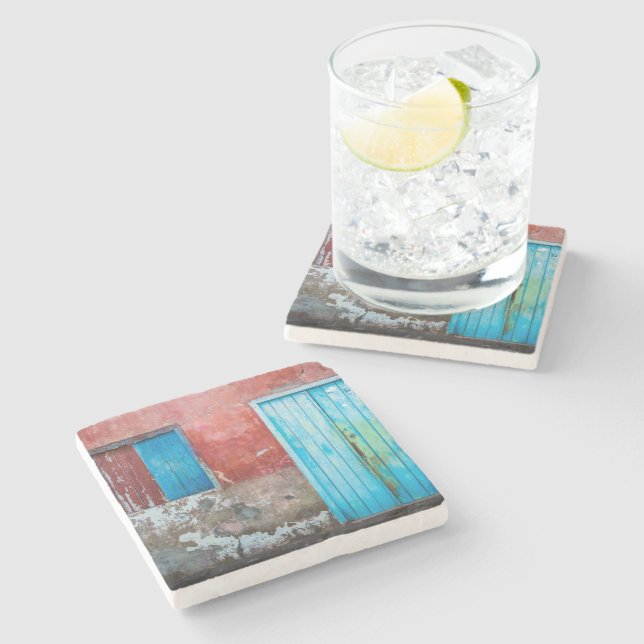 Red, blue and grey wall, door and window stone coaster (Side)