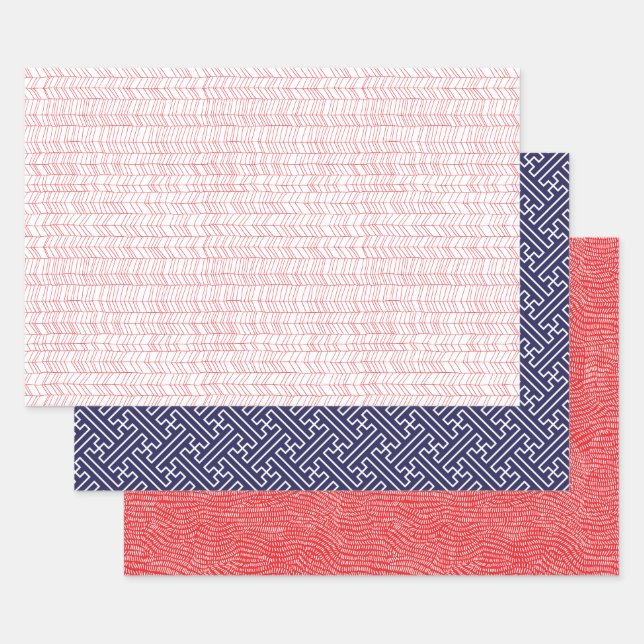 Red, Blue and White Hand Modern Simple Wrapping Paper Sheet (Set)