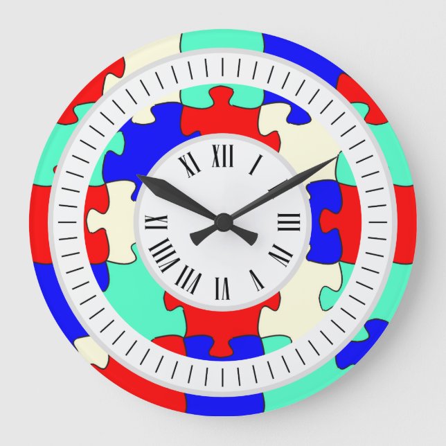 Red, Blue and White Jigsaw with Hours and Minutes Large Clock (Front)