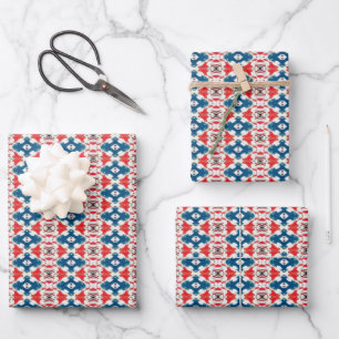 Red, blue and white watercolor patterned wrapping paper sheet