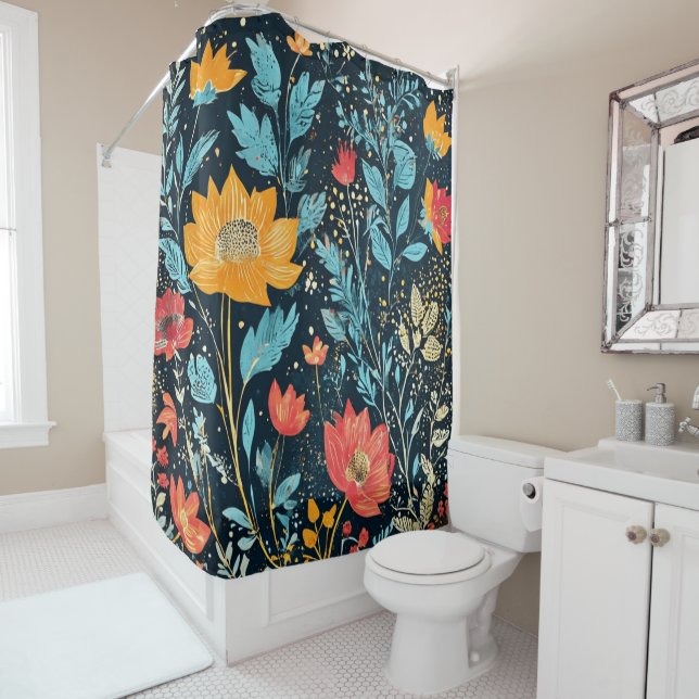 Red, Blue and Yellow Boho  Shower Curtain (In Situ)