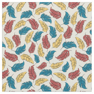 Red, Blue and Yellow Cartoon Feathers on Cream Fabric