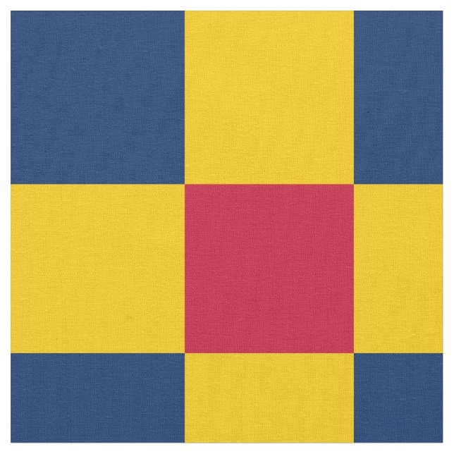 Red, blue and yellow chequerboard pattern fabric (Close Up)