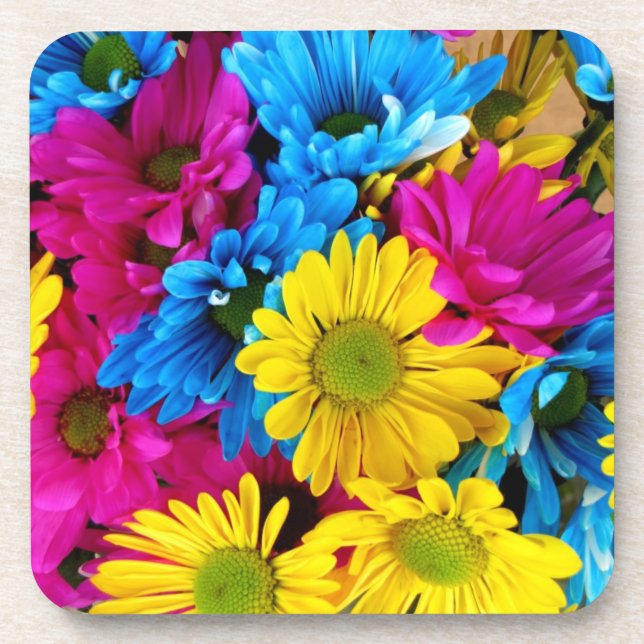 red, blue and yellow daisies square coaster (Front)