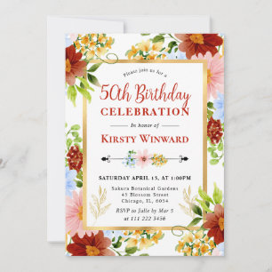 Red, Blue and Yellow Flowers 50th Birthday Invitation