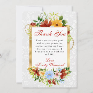 Red, Blue and Yellow Flowers Gold Sweet 16 Thank You Card