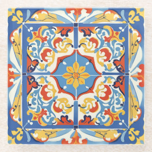 Red, Blue and Yellow Tiles Glass Coaster