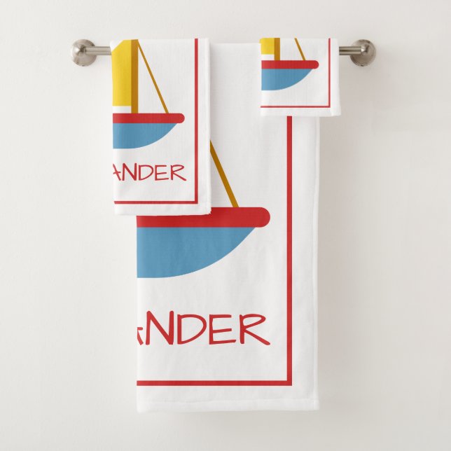 Red Blue and Yellow Toy Sailboat Personalised Bath Towel Set (Insitu)