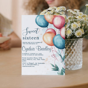 Red blue balloons Sweet Sixteen Birthday Party  Invitation