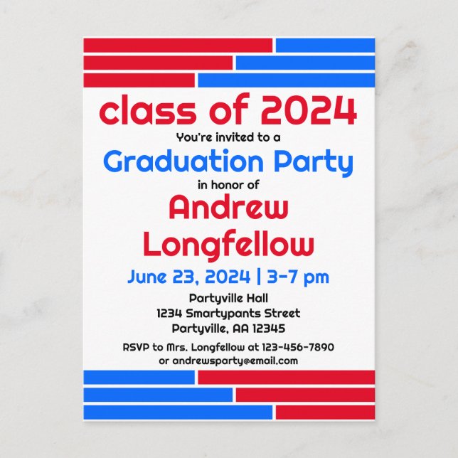 Red & Blue Bars Graduation Party Invitation Postcard (Front)