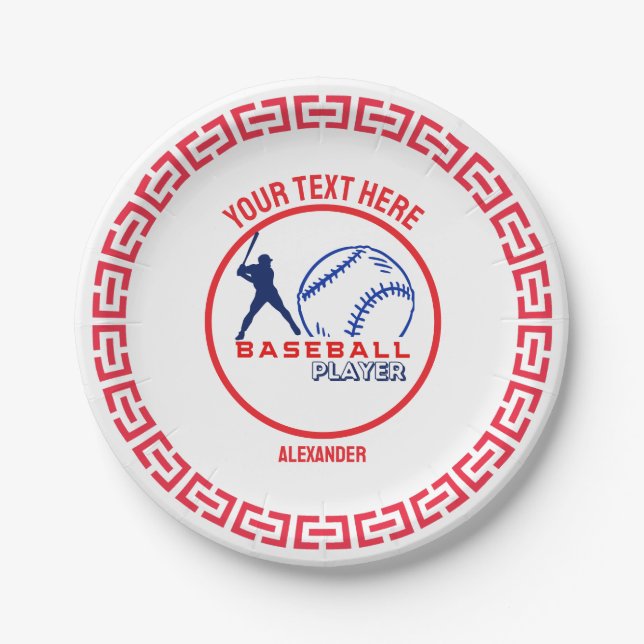 Red Blue Baseball Girl Boy Birthday Party Paper Plate (Front)