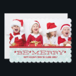 RED BLUE, BE MERRY | HOLIDAY PHOTO CARD<br><div class="desc">RED, BLUE AND WHITE, BE MERRY HOLIDAY PHOTO CARD. ELKE CLARKE© FOR MONOGRAM GALLERY. Send out your Christmas greetings to your friends and family using this fun, contemporary holiday card with photo. "BE MERRY". The light blue snowflake background pattern adds a touch of whimsy to your personalised red and blue...</div>