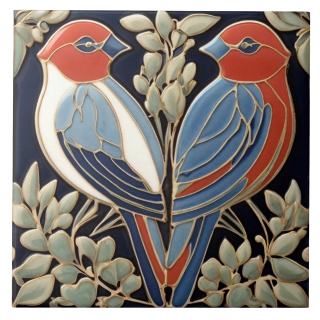 Red Blue Bird Couple - Art Nouveau Art Deco Birds Ceramic Tile (Front)