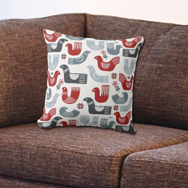 Red Blue Bird Nordic Folk Art Pattern Cushion (Creator Uploaded)