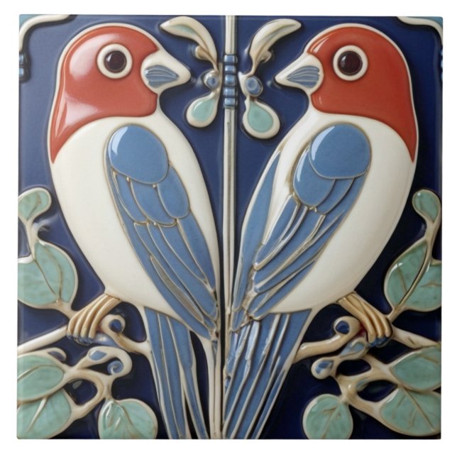 Red Blue Bird Pair - Art Nouveau Art Deco Birds Ceramic Tile (Front)