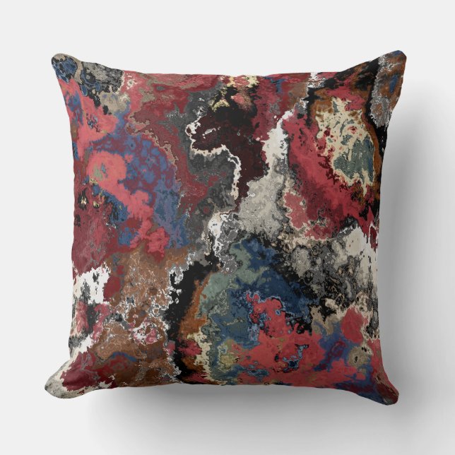 Red, blue, black and white marble abstract cushion (Front)