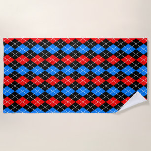Red Blue Black Argyle Diamond Pattern Design Beach Towel