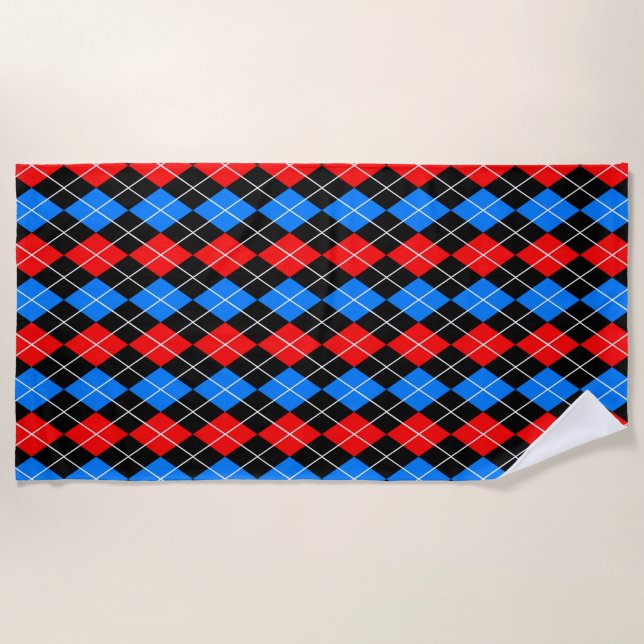Red Blue Black Argyle Diamond Pattern Design  Beach Towel (Front)
