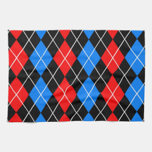 Red Blue Black Argyle Diamond Pattern Design Tea Towel