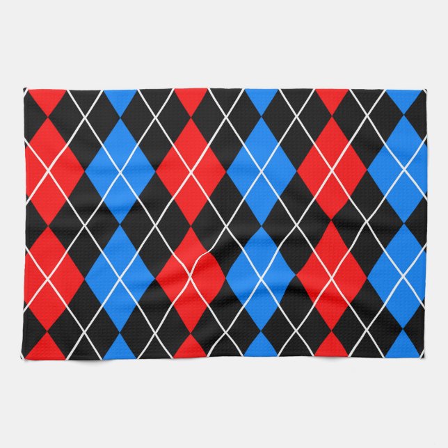 Red Blue Black Argyle Diamond Pattern Design  Tea Towel (Horizontal)