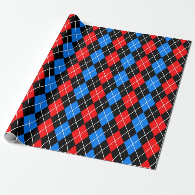 Red Blue Black Argyle Diamond Pattern Design  Wrapping Paper (Unrolled)