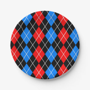Red Blue Black Argyle Plaid Design Paper Plate