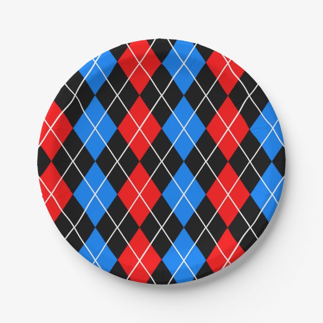 Red Blue Black Argyle Plaid Design  Paper Plate (Front)