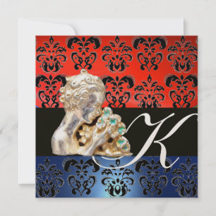 RED BLUE ,BLACK, WHITE DAMASK JEWEL MONOGRAM INVITATION