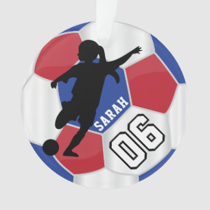 Red, Blue, Black & White Girl Soccer Player - DIY Ornament