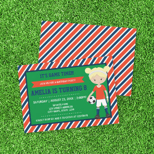 Red Blue Blonde Girl Soccer Birthday Invitation