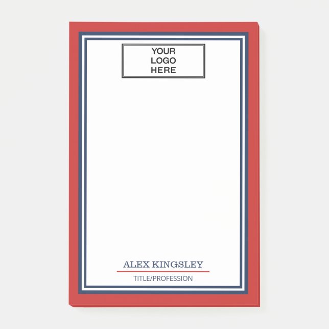 Red Blue Border Name Title & Business Logo Post-it Notes (Front)