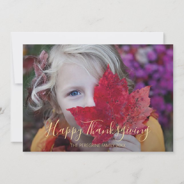 Red- blue Botanical Photo "Happy Thanksgiving" Holiday Card (Front)