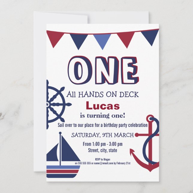 Red & Blue Boys First Birthday Nautical Invitation (Front)