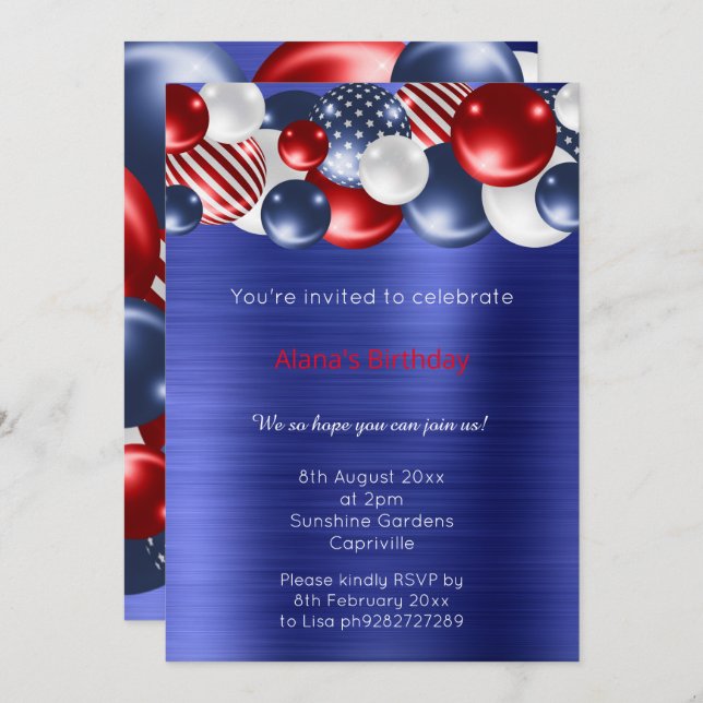 RED BLUE BRUSHED METALLIC PATRIOTIC BALLOON 2 INVITATION (Front/Back)