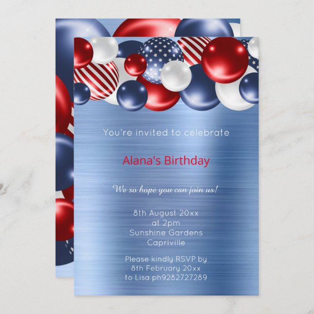 RED BLUE BRUSHED METALLIC PATRIOTIC BALLOON  INVITATION (Front/Back)