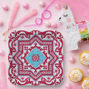 Red Blue Ceramic Style Azulejo Vintage Monogram Paper Plate