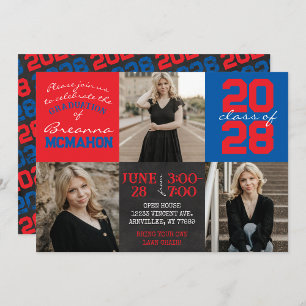 Red & Blue Chalkboard 3 Photo Graduation Invitation