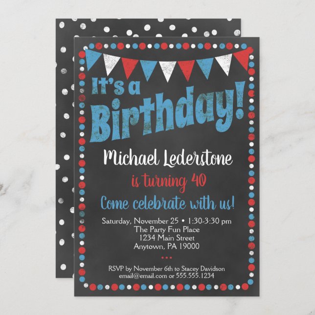 Red Blue Chalkboard Birthday Invitation (Front/Back)