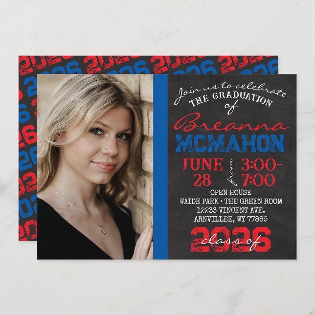 Red & Blue Chalkboard Graduation Photo Invitation (Repeating Class Year 1 & 2 Photo Graduation Invitations)