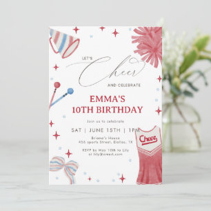Red Blue Cheerleading Birthday Coquette Bow Girl  Invitation