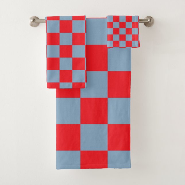 Red Blue Chequered Gingham Pattern Bath Towel Set (Insitu)
