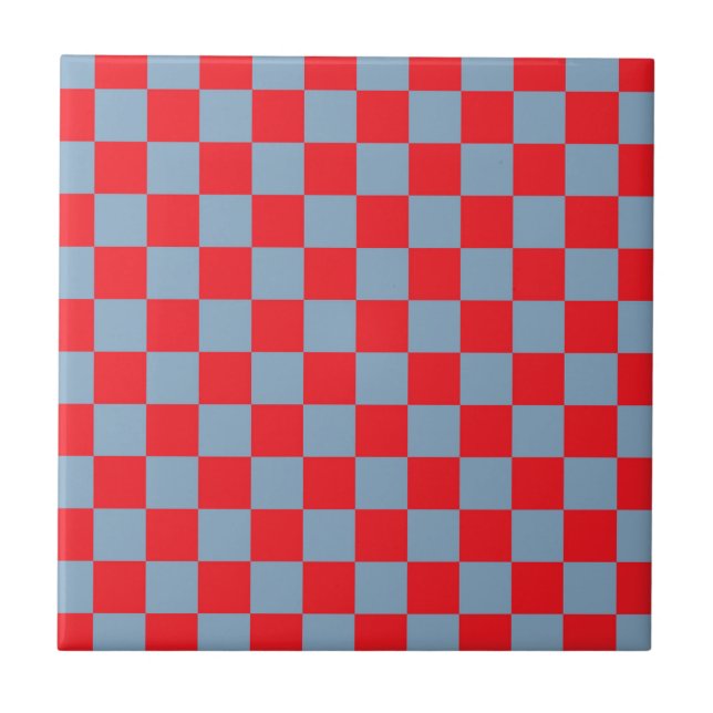 Red Blue Chequered Gingham Pattern Ceramic Tile (Front)